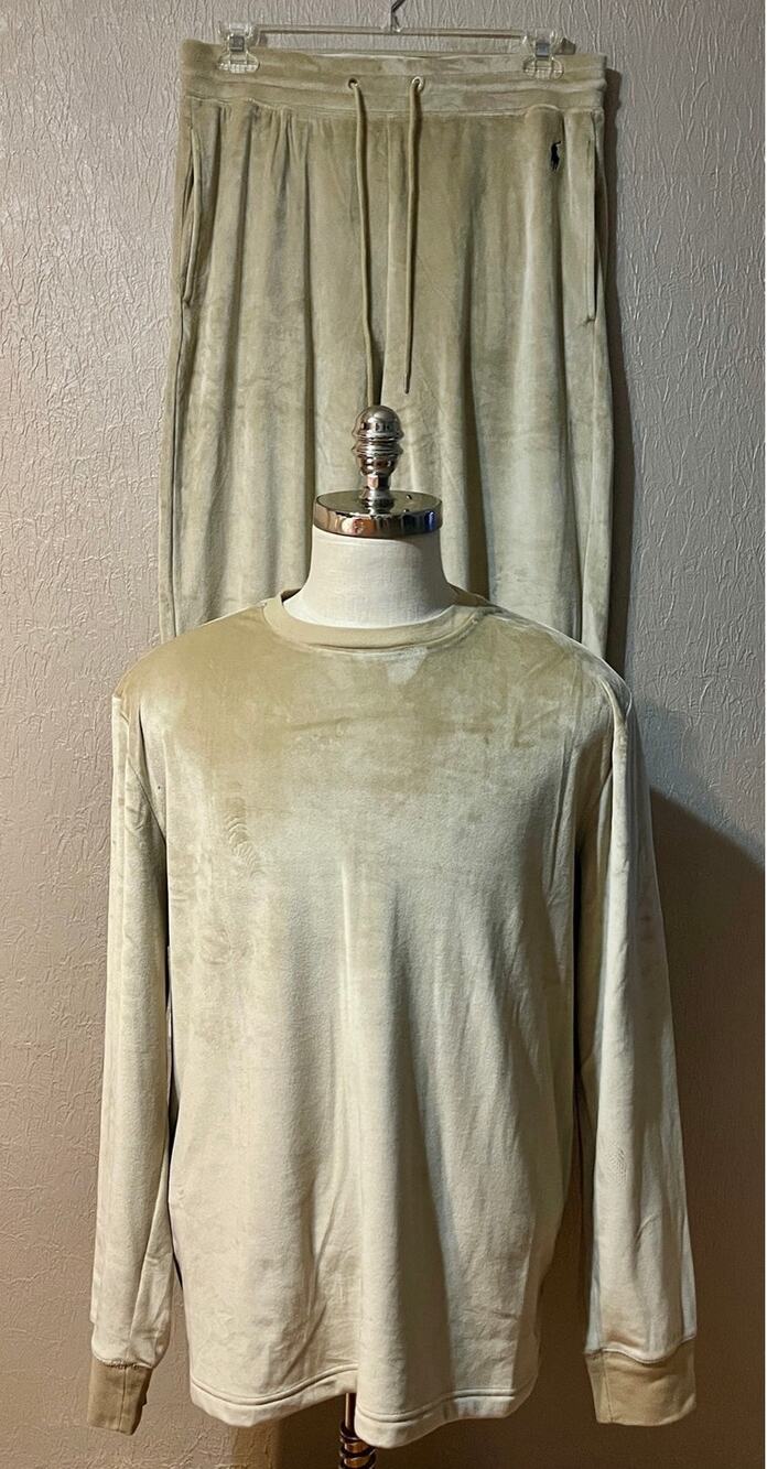 Polo Ralph Lauren Pajama Plush Velour Shirt & Pants Sleepwear Set Brown Large